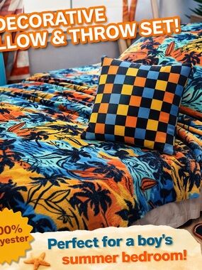 C&C California Blue & Orange Tropical Throw with Checker Accent Pillow